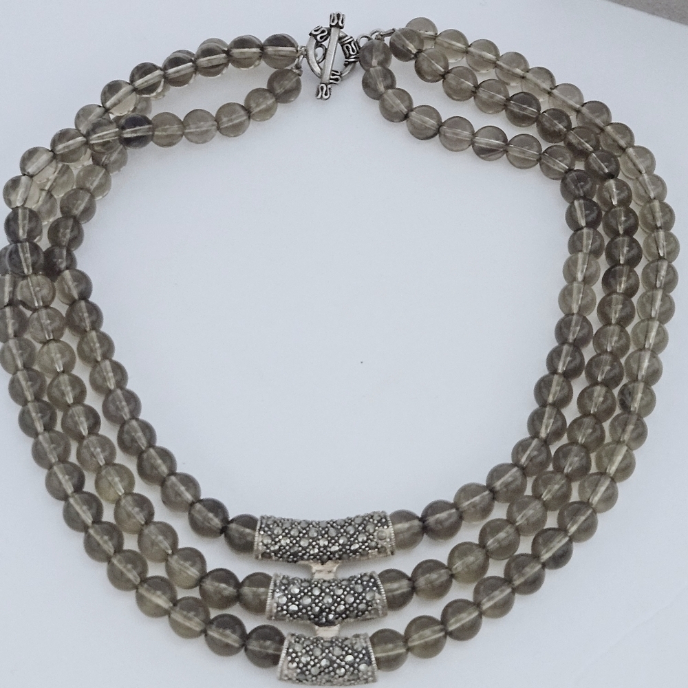 Vintage Triple Strand Natural Smoky Quartz .925 Sterling Silver  Necklace - Picture 3 of 7